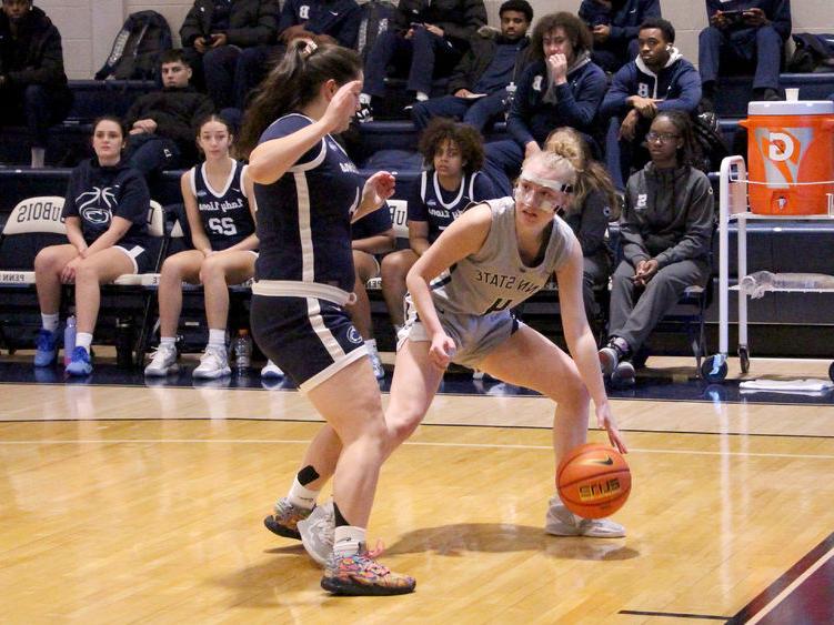 Penn State DuBois sophomore guard Hailey Theuret protects her dribble while looking inside the lane for a teammate during a recent basketball game at the PAW Center.